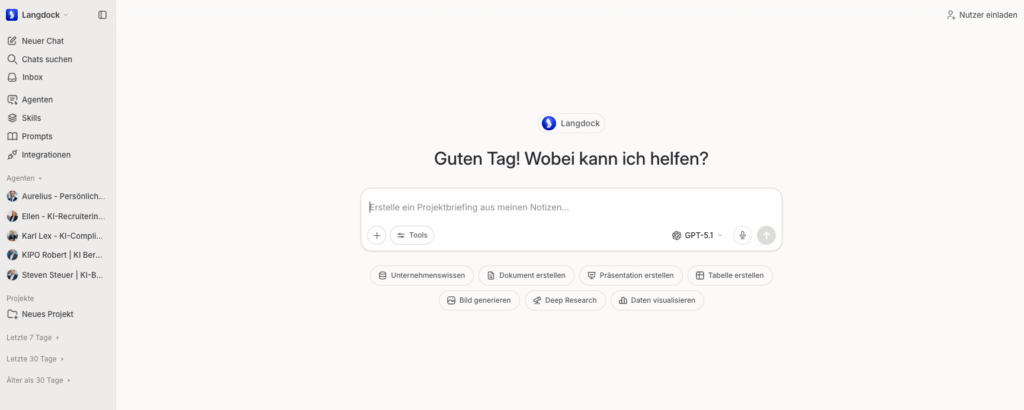 Mit KI-Beratung für Unternehmen wird ein KI-Betriebssystem errichtet, dass Zeit-, Geld-, Produktivitäts- und Gewinneffekte hat. Hierzu nutzen wir Langdock, welches zu 100% DSGVO Konform ist.