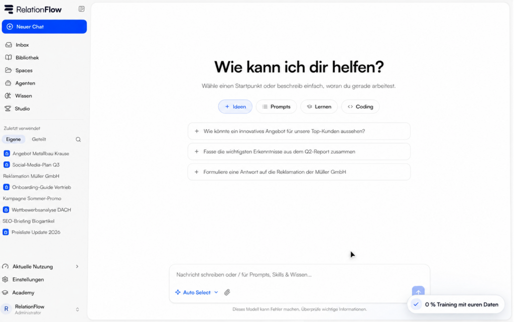 Verdopple die Produktivität deines Teams mit einem KI-Workspace von RelationFlow Rolle KI rechtskonform in deinem Unternehmen aus, eliminiere Schatten-KI und ersetze Routine-Aufgaben mit KI-Agenten, ganz ohne KI- oder Programmierkenntnisse.
