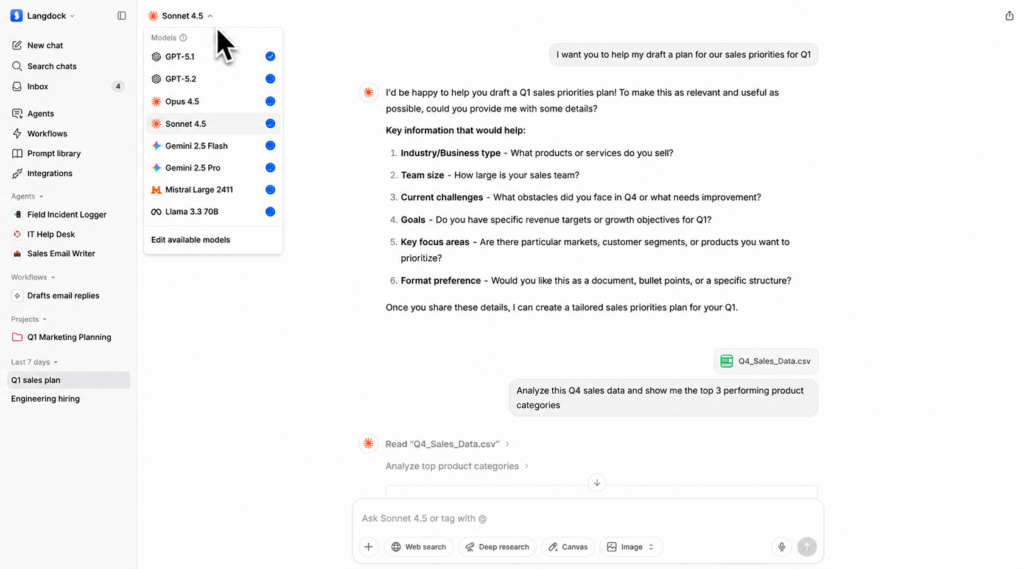 Mit KI-Beratung für Unternehmen wird ein KI-Betriebssystem errichtet, dass Zeit-, Geld-, Produktivitäts- und Gewinneffekte hat. Hierzu nutzen wir Langdock, welches DSGVO- und EU AI-Act konform ist.
